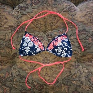 Abercrombie & Fitch XS Triangle Bikini Top Blue Hibiscus Print Orange Embroidery